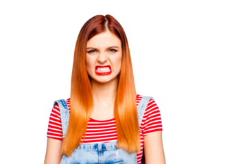 Don't come closer to me! Today is pms! Close up photo portrait of upset dissatisfied person showing white teeth red lipstick isolated bright vivid background