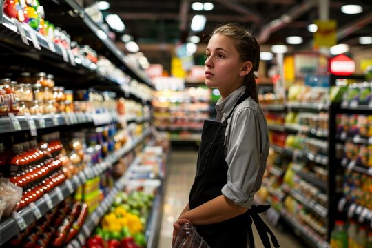 Young saleswoman in apron standing in a grocery store aisle surrounded by shelves of food products
