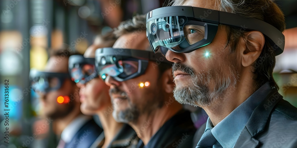 Poster techsavvy professionals at virtual conference using augmented reality glasses for networking. concep