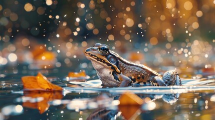 common water frog on a green pond; the frogs are also known as the European common frog or European...