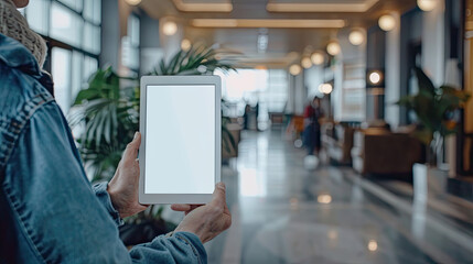 a blank mockup screen of tablet in human hands , blurred background - obrazy, fototapety, plakaty