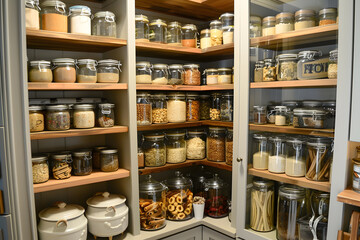Kitchen pantry storage room for home supplies organized with food containers and glass jars on shelves racked cabinets