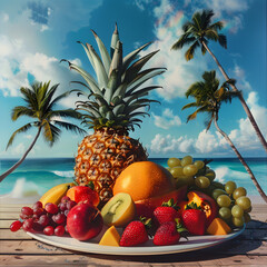 Perfectly sliced and peeled tropical fruit on a table with a background of a Caribbean beach.