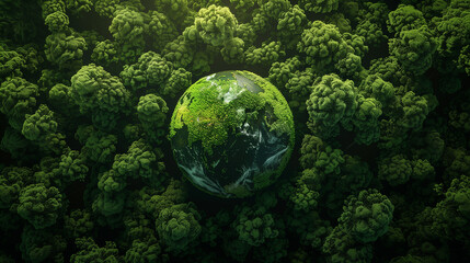 Illustration of the world ball over a huge green forest. Environmentalism and conservation of the planet.