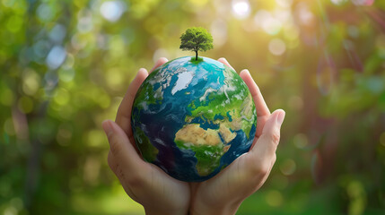 Some hands hold the ball of the world. Planet conservation concept