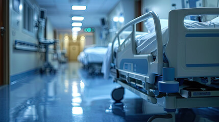 Obraz premium patient empty beds in hospital, Interior of an empty hospital room. Clean and empty room with a bed in medical center