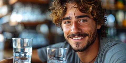 A happy, handsome man with curly hair enjoys pure water in a casual indoor setting.