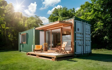 The modern tiny house is made from old shipping containers. Sunny day nicely decorated house environment. Shipping container houses are sustainable, eco-friendly living accommodations or holiday home - obrazy, fototapety, plakaty