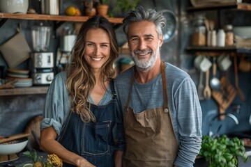 Obraz premium A cheerful and romantic senior couple enjoys cooking together in their rustic kitchen.