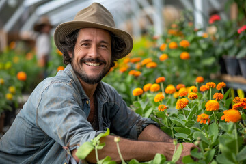 A cheerful and attractive man, a farmer and florist, working in a greenhouse.