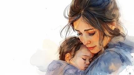 Foto op Plexiglas A mother with baby , woman in despair. depressed postpartum mother on a white background. Nervous breakdown. watercolor art   © Mahnoor