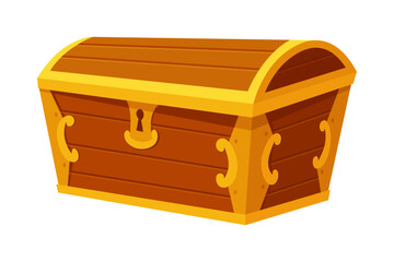 Chest. Game wooden antique box. Empty old wooden chest for gold treasure. Cartoon ancient container for pirates isolated vector icon on white