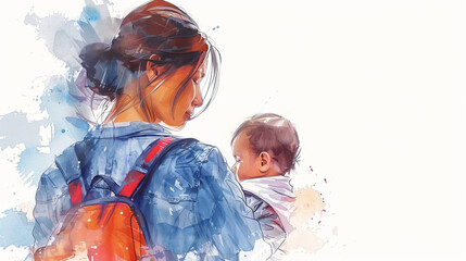 A mother with baby , woman in despair. depressed postpartum mother on a white background. Nervous breakdown. watercolor art	
