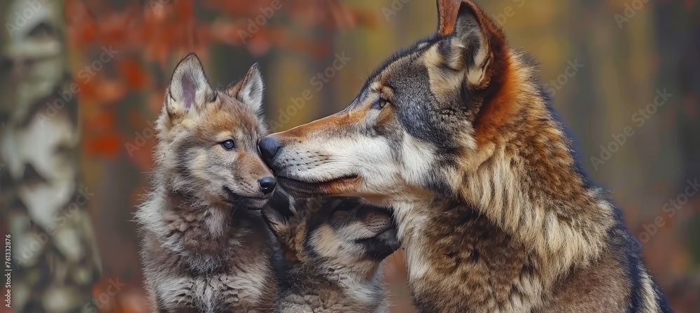 Poster male wolf and cub portrait with space for text, object on right side, ideal for adding captions