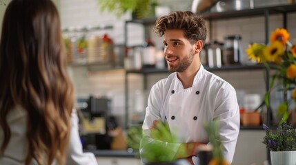 Chef in Uniform Talking to Woman in Kitchen