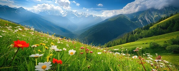A breathtaking landscape of a mountain valley rich with a colorful assortment of wildflowers under a clear sky.