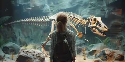 Fototapeta premium Person in museum observing dinosaur skeleton fascinated by prehistoric remains display. Concept Dinosaur Skeleton, Museum Visit, Fascination, Prehistoric Remains, Education