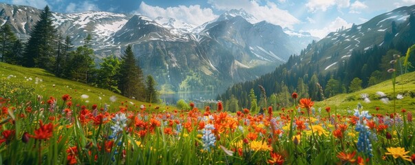 A breathtaking landscape of a mountain valley rich with a colorful assortment of wildflowers under...