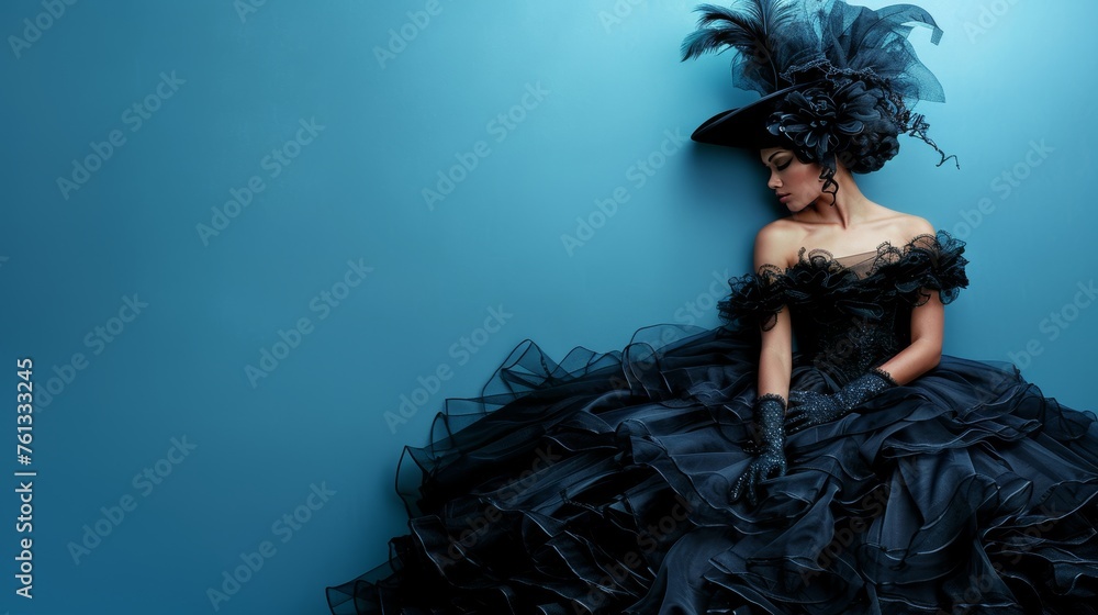 Poster graceful woman in formal attire posed in studio setting with ample space for text placement