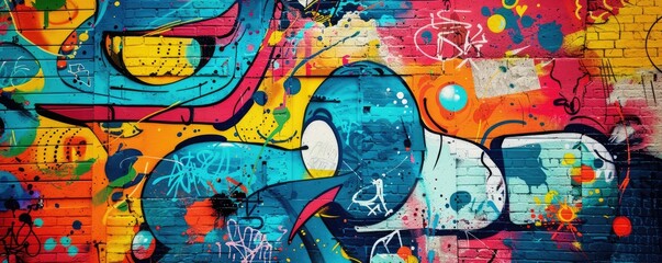 Naklejka premium A vibrant, colorful graffiti art covering a massive brick wall, showcasing street art culture.