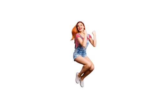 Dreams come true exams are passed done finished! Full length size body studio photo portrait of cheerful joyful cool girl gesturing with hands jumping up isolated bright vivid background