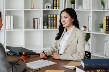 Lawyers provide advice to client are business partner. Lawyer working with client discussing contract document in office, consulting to help customer