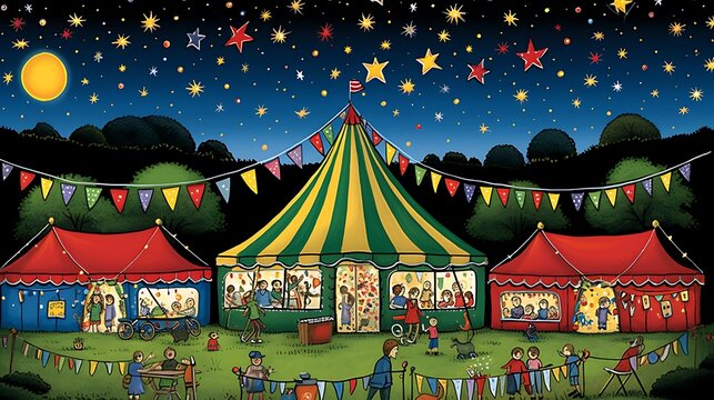 Starlit Spectacle: A Fantastical Carnival Beneath the Night Sky.
