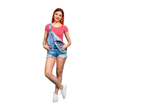 Full length size studio photo portrait of glad calm nice pretty slim fit peaceful wearing striped t-shirt ripped denim clothing lady isolated on vivid bright background - Powered by Adobe