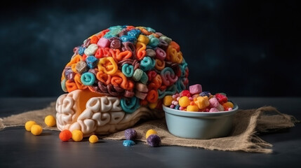 diabetes alert day, diabetes concept, Illustration of a brain made from sweet colorful candies and jellies,risk for obesity and diabetes,   unhealthy food and lifestyle,  - obrazy, fototapety, plakaty