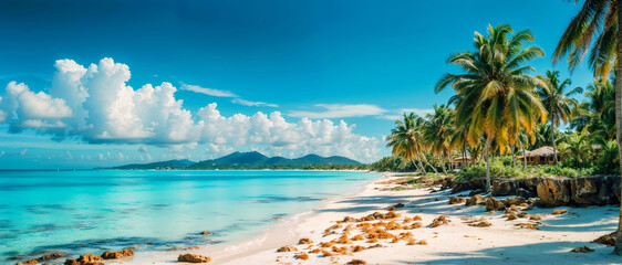 Fototapeta na wymiar tropical beach, swaying palm trees