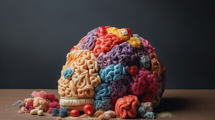 Naklejka premium diabetes alert day, diabetes concept, Illustration of a brain made from sweet colorful candies and jellies,risk for obesity and diabetes, unhealthy food and lifestyle, 