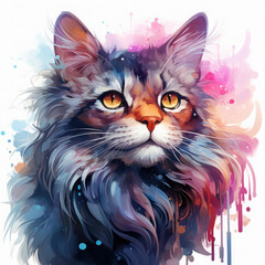 Watercolor Celestial Cat Illustration, Generative Ai