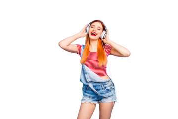 Fun joy leisure lifestyle people person concept. Close up studio photo portrait of pretty excited cheerful rejoicing glad funky funny fancy lady enjoying best track ever isolated bright background