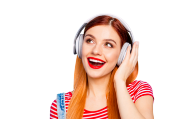 So sweet sound! People person mp3 online player concept. Close up photo portrait of glad nice cute pretty lovely with beaming toothy smile girl listening to music isolated bright background