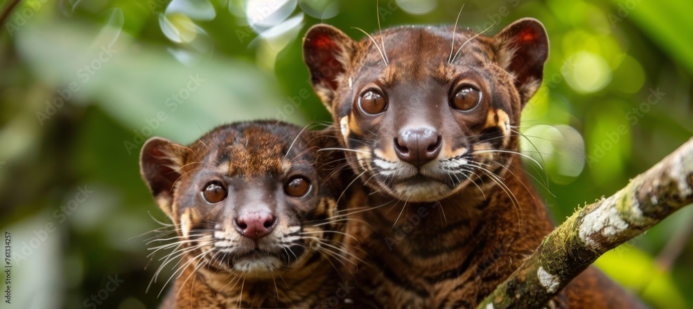Poster jaguarundi father and kitten portrait with ample space on the left for adding text
