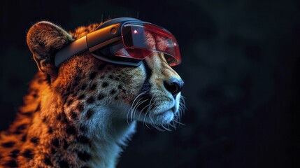 Cheetah wearing VR goggles swiftly explores tech terrain, epitomizing rapid adaptation in emerging technologies.