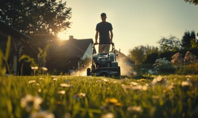 Vibrant image of a man riding a lawnmower, cutting grass in the golden hour light.