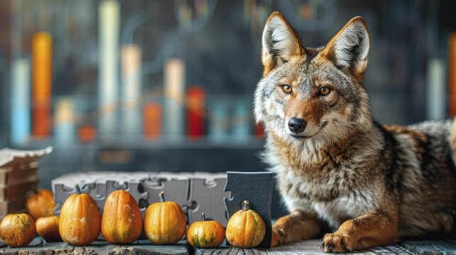 Coyote assembles a puzzle depicting a market trend graph, showcasing adeptness in anticipating and adapting to changes.