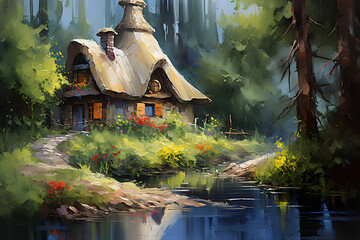 Fairytale forest gnome's house. Oil painting in impressionism style.