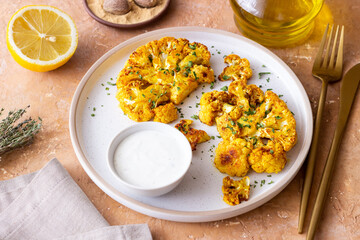 Cauliflower steaks with white sauce. Healthy eating. Vegetarian food.