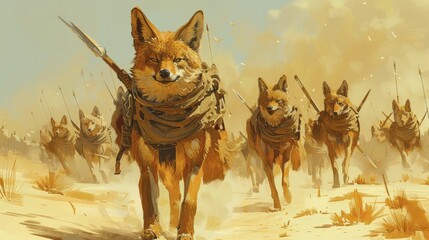 A coyote leading a pack through a desert, with each member carrying a unique tool, depicting leadership in mobilizing diverse talents towards a common goal.