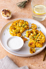 Cauliflower steaks with white sauce. Healthy eating. Vegetarian food.