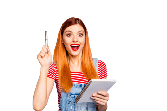 Young girl in red striped T-shirt and a bright lipstick on her lips came up with a great idea! Model teenager isolated on bright blue background