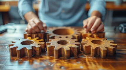 Close Up of Person Working on Wooden Gears