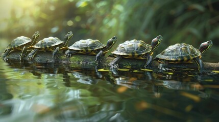 A team of turtles united in purpose, each contributing to the mission, highlighting teamwork and common goals.