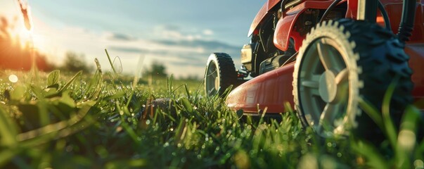 A vibrant red lawn mower mowing lush green grass during a beautiful sunset, depicting routine yard work. - obrazy, fototapety, plakaty