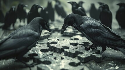 A murder of crows assembling a complex puzzle, each piece representing different components of a tech startup, illustrating teamwork and strategic problem solving. - obrazy, fototapety, plakaty