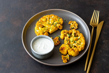 Cauliflower steaks with white sauce. Healthy eating. Vegetarian food.