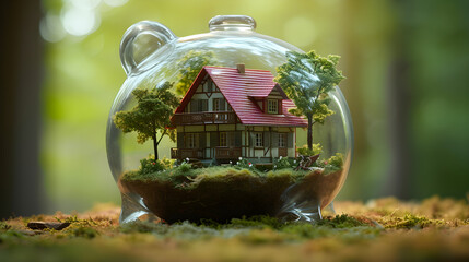 Creative image of savings on buying a house with grass growing in the shape of a house inside a transparent piggy bank.