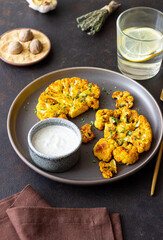 Cauliflower steaks with white sauce. Healthy eating. Vegetarian food.